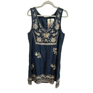 Johnny Was Briar Embroidered Linen Dress  Button Back Sz Medium NWT Blue Cream